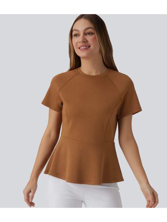 Halara Tops - Halara Round Neck Short Sleeve Work Peplum Top Glazed Ginger Size XS